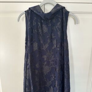 Sleeveless Cowl Neck Floral Metallic Printed Dress - Navy